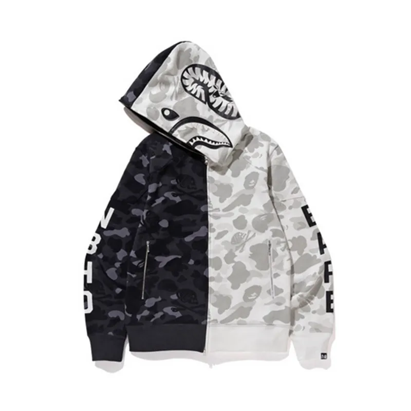 2020 Hot Sale BAPE Shark Head Co Branded Black And White Mosaic Camouflage Yin Yang Skull Couple's Zip Hoodies With Asian Size