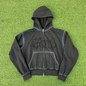 Custom Street Style Embroidery <b>Applique</b> Patch High Quality Vintage Boxy Wash Zip Up Hoodie - Product Image 1