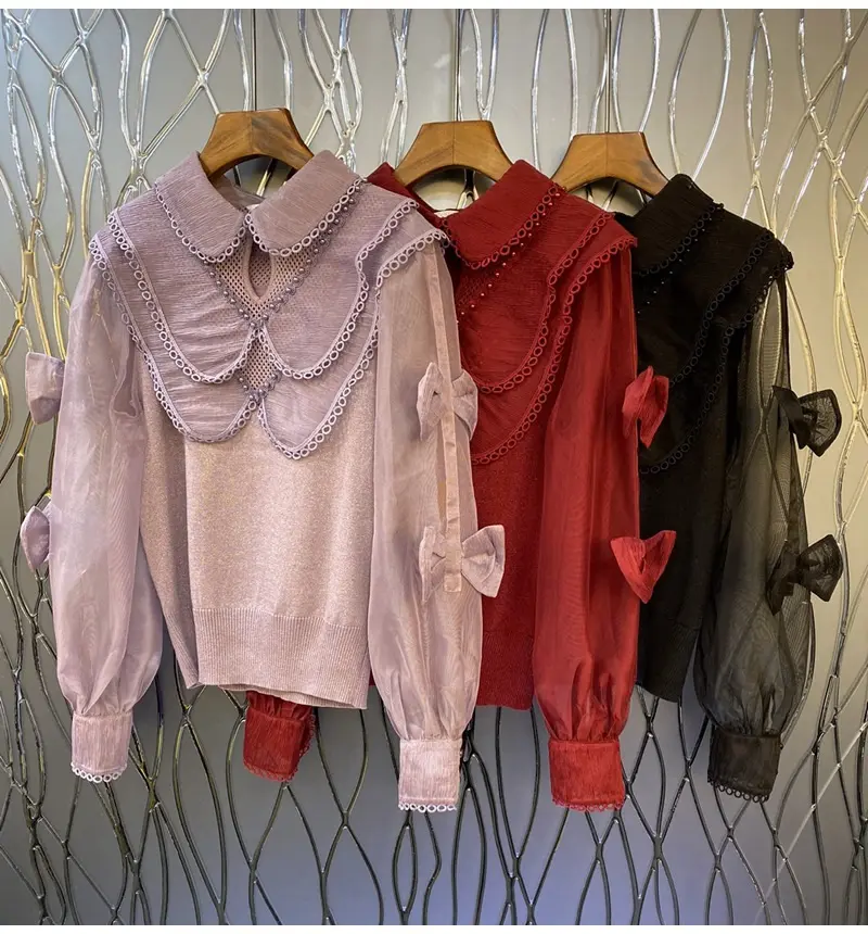 Suéteres de marca de alta calidad para mujer, jerseys de punto de manga larga con lazo, color morado, rojo y negro, decoración, otoño e invierno, 2022
