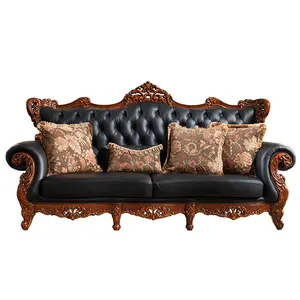 Antieke Klassieke Houten Woonkamer Sofa Set Europese Luxe Echt Lederen Hand Gesneden Banken N235e