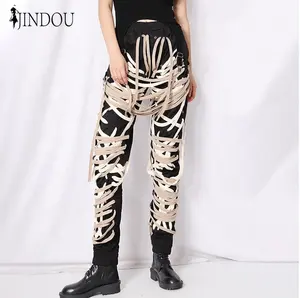 High Street Cargo Trousers For Women Elastic Waist Hip Hop Black Drawstrings Lace-up Casual Draw Strings Baggy Pants Ladies