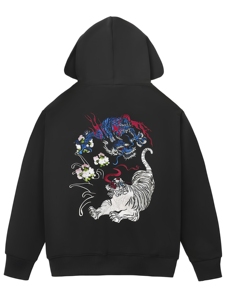 Sweat-shirt à capuche noir pour homme, broderie dragon et tigre, style chinois, coupe classique, en coton tricoté, pour l'automne - Product Image 1