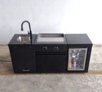 Isla de Cocina Modular de Acero Inoxidable para Exteriores, Estación de Asado Teppanyaki a Gas con Fregadero, Almacenamiento y Nevera para Vino, para Cocinar al Aire Libre