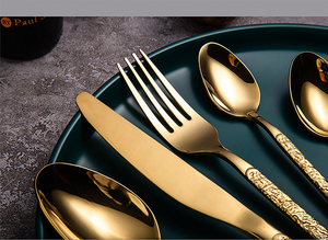 Set di <span class=keywords><strong>posate</strong></span> <span class=keywords><strong>dorate</strong></span> in acciaio inossidabile 18/10 con logo di lusso lucidato a specchio in oro per matrimonio - Product Image 4