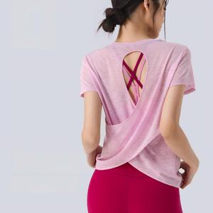 เสื้อโยคะผู้หญิงแบบขายส่ง คอไขว้เว้าหลัง แขนสั้น ระบายอากาศได้ดี เสื้อออกกำลังกายทรงหลวม แห้งเร็ว ชุดกีฬา - Product Image 1