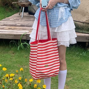 Double Sided Striped Canvas Tote Bag Red White Reversible Large Capacity Shoulder Bag For Women Everyday Use Summer 2025 - Product Image 2