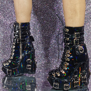 Botines de tacón alto de cuña metálicos con cordones y cremallera lateral, talla grande 47 para mujer, ajuste ancho, charol metálico - Product Image 6