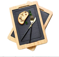 Plateaux en pierre naturelle en ardoise noire, avec assiette à steak en bois, plateau à froid