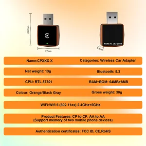 Boîte intelligente pour voiture portable avec CarPlay et Android Auto filaires et sans fil, connexion de type C/USB, projection d'écran, clé USB, garantie d'un an - Product Image 2