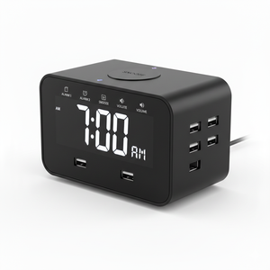 Réveil d'hôtel moderne en métal avec chargement USB, design tendance de marque OEM pour chambre d'hôtel aux États-Unis, utilisation au chevet - Product Image 1