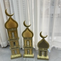 Lanterne de Ramadan en bois doré avec lumière LED, design tour de mosquée, décoration musulmane pour la maison pour l'Aïd, la salle de prière et les décorations festives