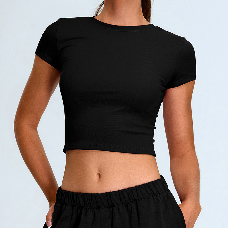 Custom Logo Sweat-Wicking Breathable Quick Dry Four-Way Stretch Spandex/Nylon Women's Yoga Crop Top Crew Neck Short Sleeve