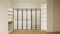 Système de dressing sur mesure BALOM de luxe, armoires blanches, cadre noir, portes en verre avec étagères, tiroirs et rangements suspendus