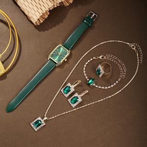 طقم ساعة نسائي مربع فاخر بتصميم عصري مع سوار من الجلد وقرط وعقد وخاتم بعلبة من خليط معدني وحركة كوارتز وزجاج ومؤشر - Product Image 6