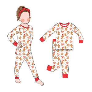 Pyjamas pour enfants Little Glow Kid, vente en gros, filles, manches longues, deux pièces, mignons, Noël, imprimé personnalisé, pain d'épices, bébé - Product Image 3