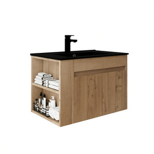 Meuble-lavabo de salle de bain 30 pouces en bois avec vasque en céramique noire, étagère ouverte réglable, design moderne minimaliste mural - Product Image 1