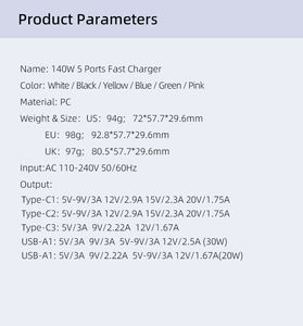 EU/US/UKプラグオリジナル140W急速充電5ポート携帯電話急速充電器140W USBタイプCウォール電源アダプター - Product Image 2