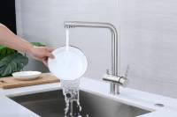 Robinet de cuisine 3 voies avec filtre à eau potable, mitigeur d'évier en acier inoxydable à double poignée