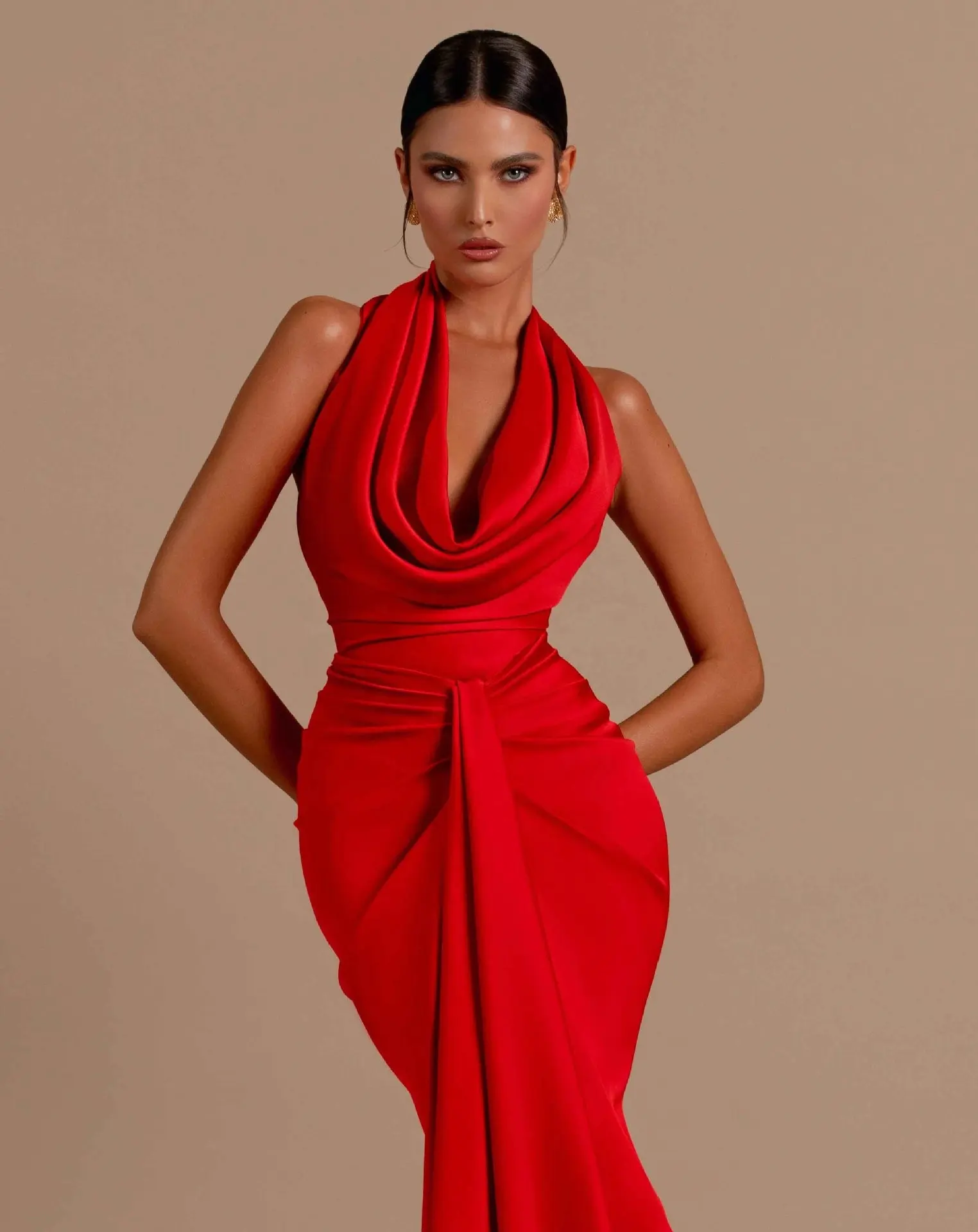 OUDINA alla moda nuovo abito da sera Casual Casual rosso tinta unita con scollo a V da donna elegante Maxi abito da donna abiti da festa