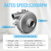 Pompe à air tout aluminium haute pression 24V CC 18,6 kPa 52000 tr/min Souffleur centrifuge pour imprimante 3D OEM personnalisable