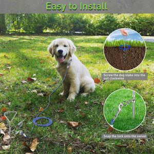 30ft 16ft 10ft Mascotas Perros Atar Cable de acero inoxidable Correa resistente con estaca en espiral antioxidante - Product Image 5