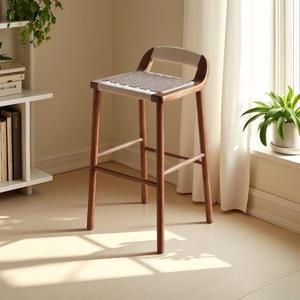 Taburete de Bar de Estilo Chino con Cuerda Tejida, Madera Maciza, Resistente, para Uso Doméstico, Taburete Alto - Product Image 1