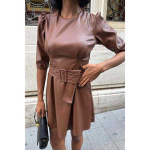 เดรสหนังแขนบอลลูนรัดเข็มขัด รุ่น 2921 เอวสม็อค ทรงเข้ารูปและบานออก ผ้าทอ เหมาะสำหรับงานปาร์ตี้และใส่ลำลอง - Product Image 5