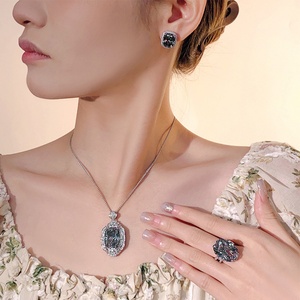 Vintage Eco-friendly Copper Wedding Bride Jewellery Set 15*20mm Black Gray Cubic Zirconia Pendant Earrings Set <b>for</b> Women - Product Image 5