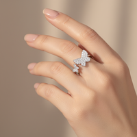 Bague double papillon ouverte en argent sterling 925 avec zircon pour femme, fabrication sur mesure