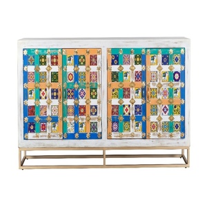 Buffet moderne en bois avec portes à motifs de carreaux multicolores |   Console de rangement contemporaine |   Buffet pour salon et salle à manger - Product Image 4