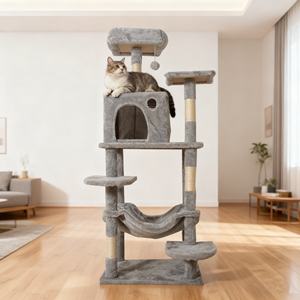 Árbol y rascador integrado multicapa moderno, Casa Grande de madera para gatos con embalaje de cartón - Product Image 1