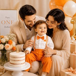 Tenue formelle deux pièces pour le 1er anniversaire d'un bébé garçon : chemise blanche à manches longues, pantalon à bretelles orange, nœud papillon - Product Image 3