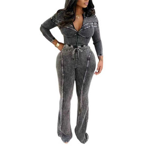 Completo Due Pezzi a Costine alla <span class=keywords><strong>Moda</strong></span> da <span class=keywords><strong>Donna</strong></span>: Top Corto a Maniche Lunghe con Cerniera e Patchwork e Pantaloni - <span class=keywords><strong>Abbigliamento</strong></span> Streetwear Femminile - Product Image 5