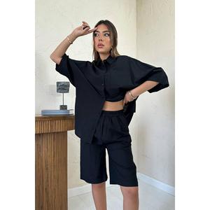 Ensemble chemise Oxford à manches courtes et short pour femme noire, tenue décontractée et respirante - Product Image 6