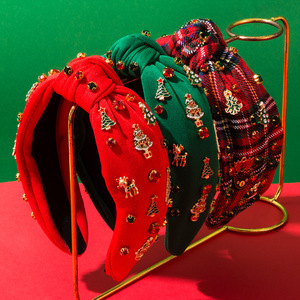 Christmas <strong>Tartan</strong> Plaid Knotted <strong>Headband</strong> Xmas Tree Reindeer Hairband Wide Bling Rhinestone Crystal Jeweled Holiday Hair Hoop - Product Image 1