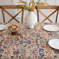 Nappe en coton et lin à pompons, style vintage américain, motif floral jacquard teint en fil, rectangulaire, pour table basse, style français