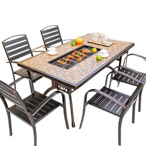 Ensemble de jardin d'extérieur, table et chaises en aluminium moulé avec grill, 6 places, résistant aux intempéries, meubles de cour - Product Image 1