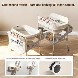 Table à langer pliable multifonctionnelle, <span class=keywords><strong>station</strong></span> à couches portable à roulettes pour nouveau-nés avec zone de massage pour les soins des nourrissons - Product Image 4