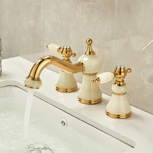 <span class=keywords><strong>Robinet</strong></span> de lavabo de salle de bain en laiton doré rose européen avec veinures de jade jaune-vert, trois trous, trou moyen de huit pouces - Product Image 4