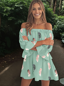 Vestido Casual de Verano para Mujer, con Hombros Descubiertos, Estampado de Plumas, Largo hasta la Rodilla, Corte en A, Manga Acampanada, Lavable - Product Image 4