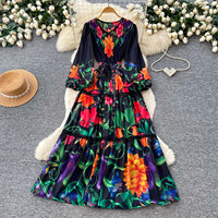 Robe longue décontractée pour femme, coupe trapèze, col en V, manches lanternes, imprimé floral, patchwork de dentelle, ceinturée, élégante, pour soirée et vacances
