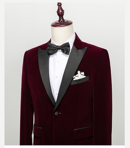 Haut de gamme mince affaires messieurs marié <span class=keywords><strong>costume</strong></span> 2 pièces hommes mariage Banquet vin rouge <span class=keywords><strong>velours</strong></span> simple boutonnage pic-revers <span class=keywords><strong>costume</strong></span> - Product Image 2
