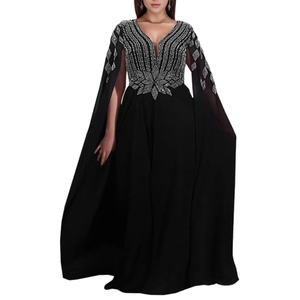 เดรสยาวผ้าชีฟองประดับคริสตัลแบบซีทรู คอวี แขนยาว สไตล์ตะวันออกกลาง รุ่นใหม่ล่าสุดสำหรับผู้หญิง - Product Image 2