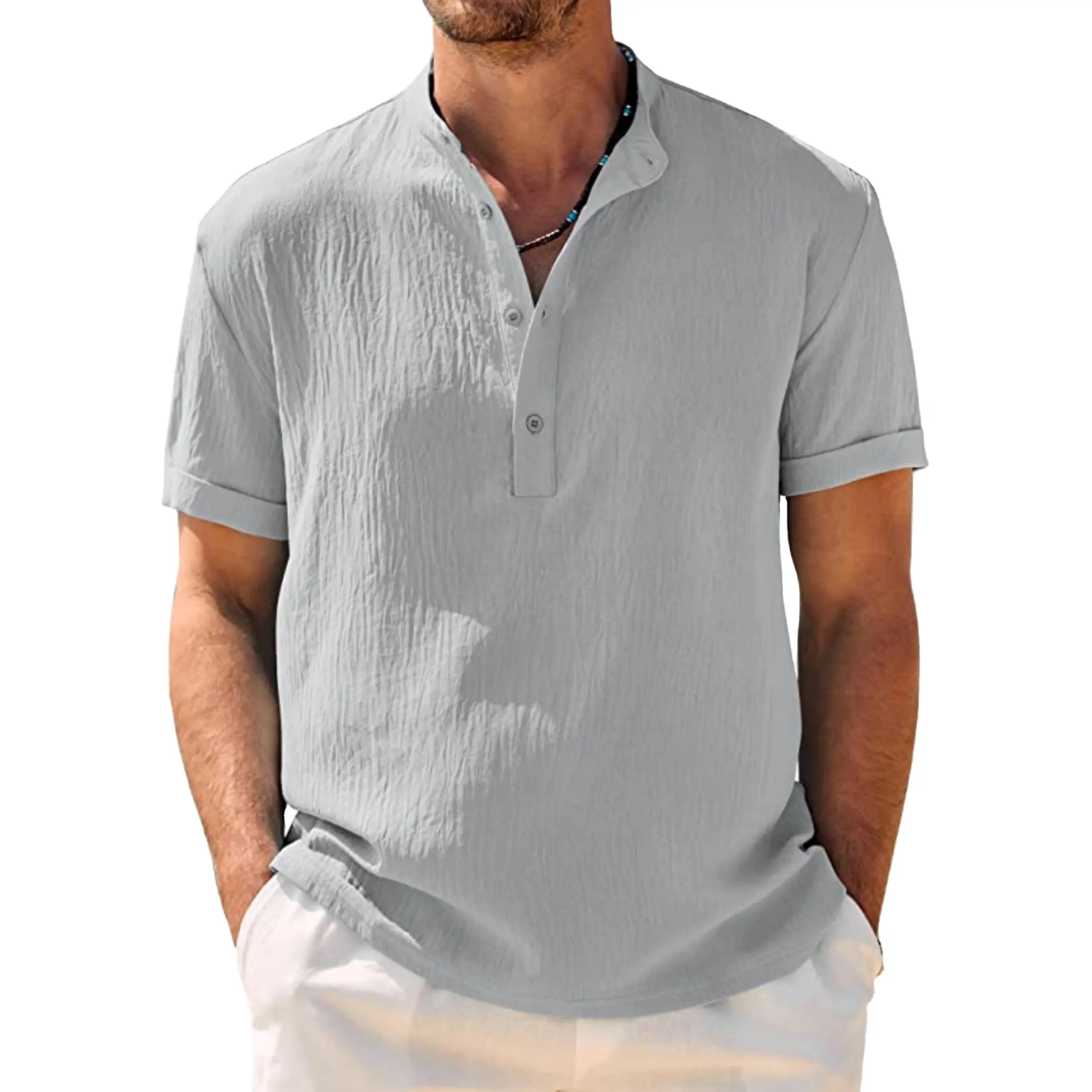 Groothandel Zomer Korte Mouwen Linnen T-Shirt Slim Fit Knoop Effen T-Shirt Strand T-Shirt Voor Mannen