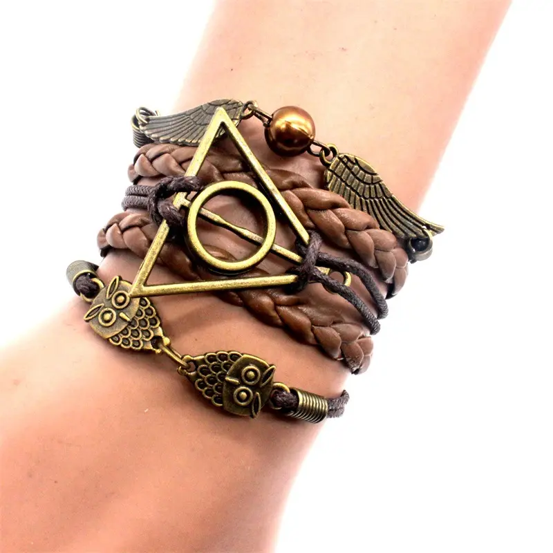 Ready to ship popular jewelry vintage punk wrist accessories Harry a Potter peace Owl wings fashion leather bracelet for women