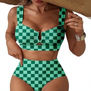 Women's Green Checkered Plunge Neck <b>Bikini</b> <b>Set</b> High Waist Bottoms Push Up Bra Cut-Out Design Stretch Swimwear - Product Image 1