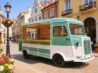 Vintage Retro Citroen Elektrische Mobiele Foodtruck Aanhangwagen met Commerciële Crêpemaker voor Crêpes in de Boulevard