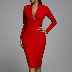 Popular Design Red Color Sexy Deep V Neck Work Metting Dating Long Sleeved Tight Midi Bandage Bodycon Dress Formal
