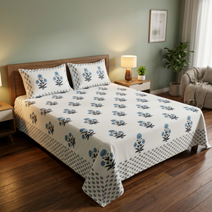 Ensemble de couvre-lit en coton imprimé à la main avec des oreillers bleus à motifs floraux, traditionnel, pour toutes les saisons - Product Image 2
