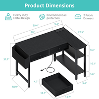 Bureau de jeu en forme de L réversible noir avec tiroirs, étagères de rangement, prise de courant, bureau d'angle pour ordinateur personnel pour la chambre des garçons